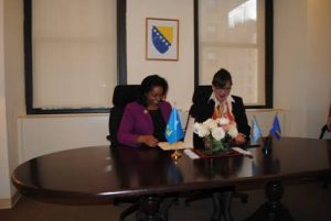 Signing Ceremony at the Permanent Mission of Bosnia and Herzegovina to the United Nations in New York; H.E. Ms. Menissa Rambally and H.E. Ms. Mirsada Čolaković